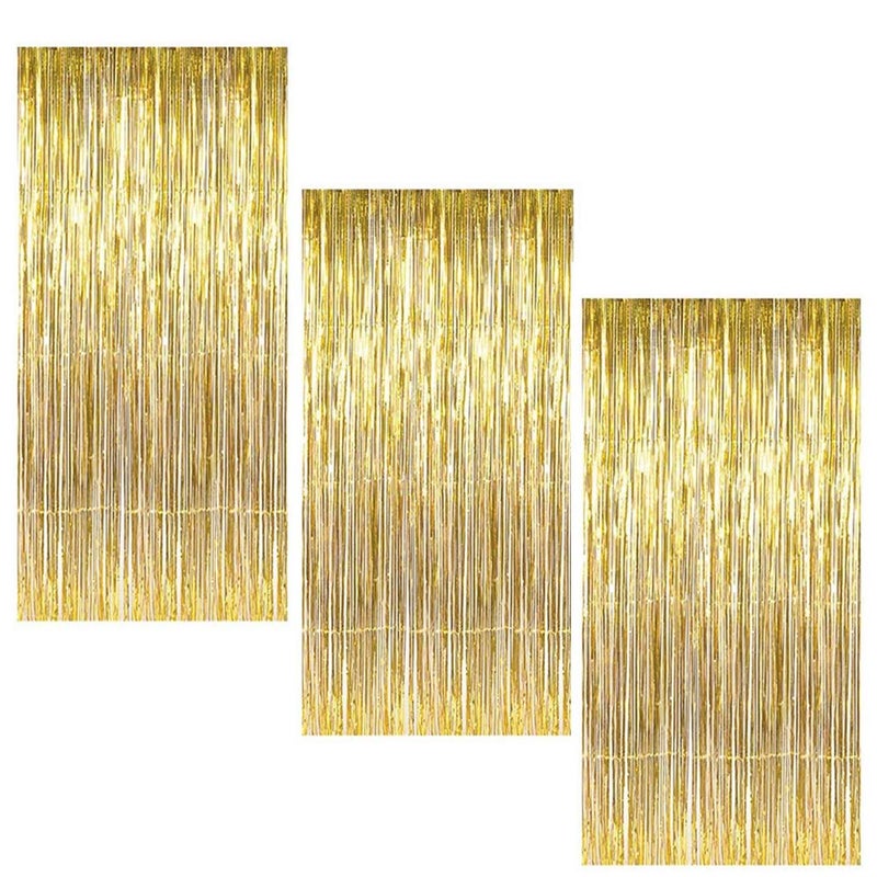 BigBigMe Gold Fringe Backdrop, 3 Pack Gold Foil Curtains, Party Streamers for Birthday, Wedding, Bachelorette Party Decor, Disco Party Decor - Image 1